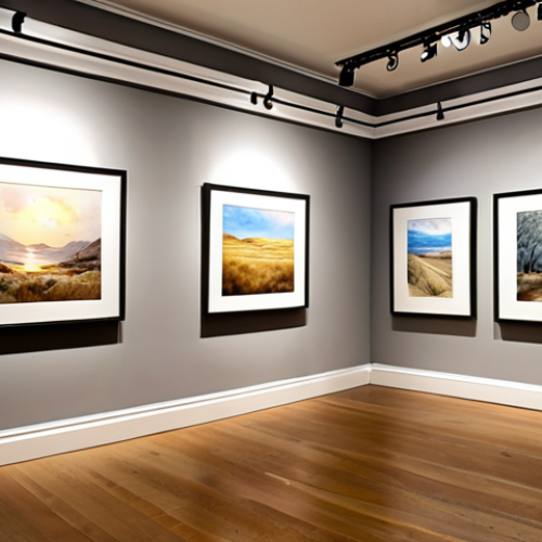 Home 7 **Soft lighting on watercolour paintings**: "A brightly lit art gallery featuring watercolour paintings illuminated by soft, adjustable LED lights, highlighting the delicate brushstrokes and textures. Neutral coloured walls, like soft grey, enhance the artwork."