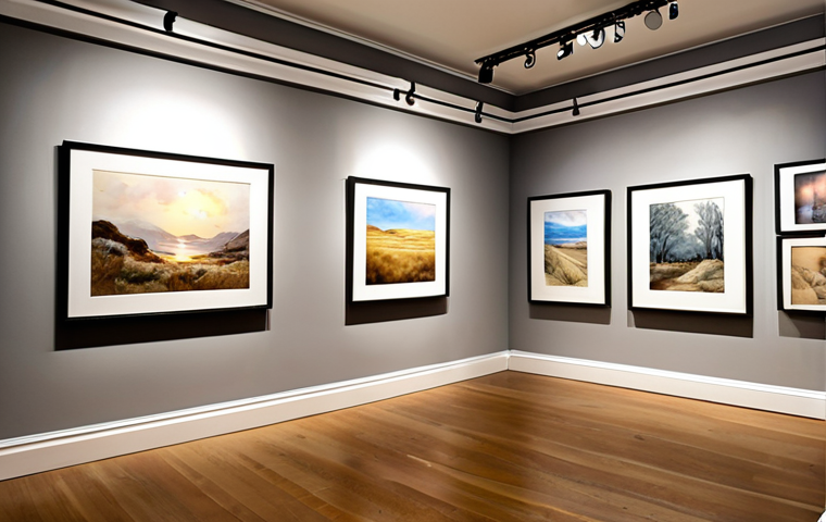 **Soft lighting on watercolour paintings**: "A brightly lit art gallery featuring watercolour paintings illuminated by soft, adjustable LED lights, highlighting the delicate brushstrokes and textures. Neutral coloured walls, like soft grey, enhance the artwork."
