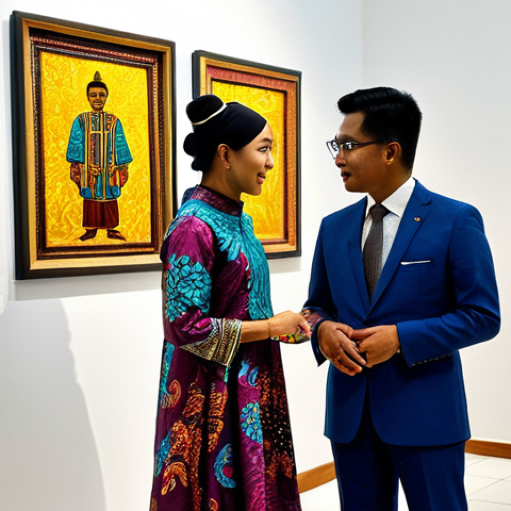 **
"A vibrant art gallery opening night in Kuala Lumpur, Malaysia. Guests in modest, stylish batik attire are admiring colorful contemporary paintings and sculptures. The artist, a young Malay woman in professional dress, is engaging in conversation with a potential buyer. Background features modern gallery architecture and Malaysian cultural motifs. Safe for work, appropriate content, fully clothed, professional, perfect anatomy, correct proportions, well-formed hands, proper finger count, natural pose, high quality."
**