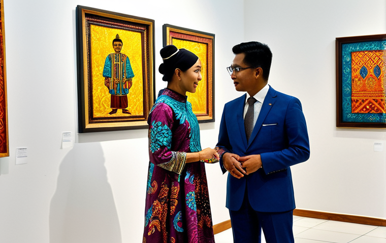 **
"A vibrant art gallery opening night in Kuala Lumpur, Malaysia. Guests in modest, stylish batik attire are admiring colorful contemporary paintings and sculptures. The artist, a young Malay woman in professional dress, is engaging in conversation with a potential buyer. Background features modern gallery architecture and Malaysian cultural motifs. Safe for work, appropriate content, fully clothed, professional, perfect anatomy, correct proportions, well-formed hands, proper finger count, natural pose, high quality."
**