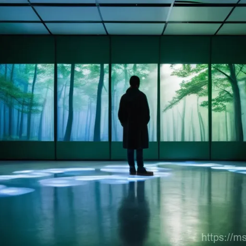 설치 예술 공간에서의 오디오 요소 활용법 - **Prompt:** A serene and immersive art installation room. A lone figure, dressed in modest, casual a...