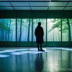 설치 예술 공간에서의 오디오 요소 활용법 - **Prompt:** A serene and immersive art installation room. A lone figure, dressed in modest, casual a...