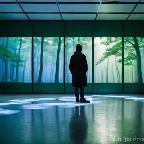 Home 7 설치 예술 공간에서의 오디오 요소 활용법 - **Prompt:** A serene and immersive art installation room. A lone figure, dressed in modest, casual a...
