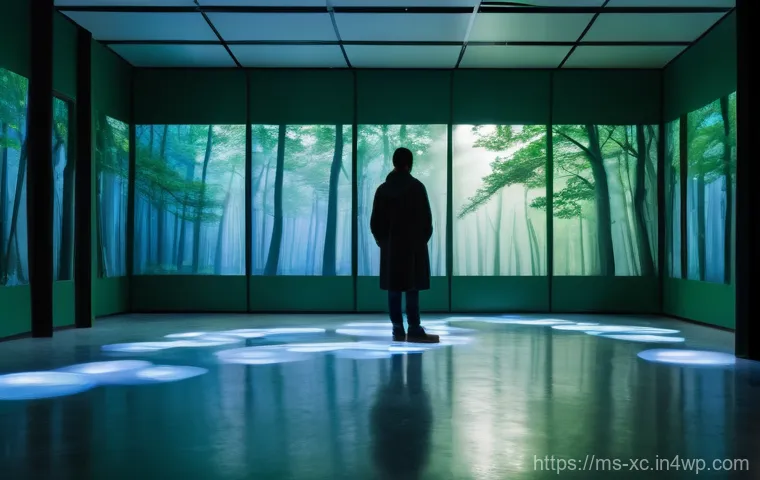 설치 예술 공간에서의 오디오 요소 활용법 - **Prompt:** A serene and immersive art installation room. A lone figure, dressed in modest, casual a...